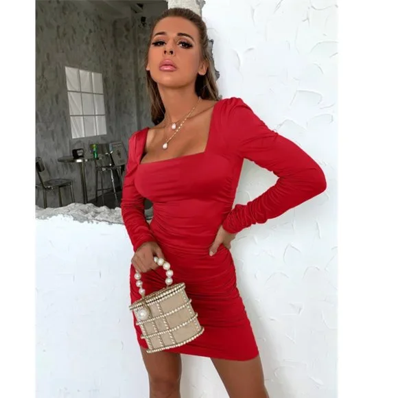 Square Neck Ruched Bodycon Dress - Picture 6 of 8